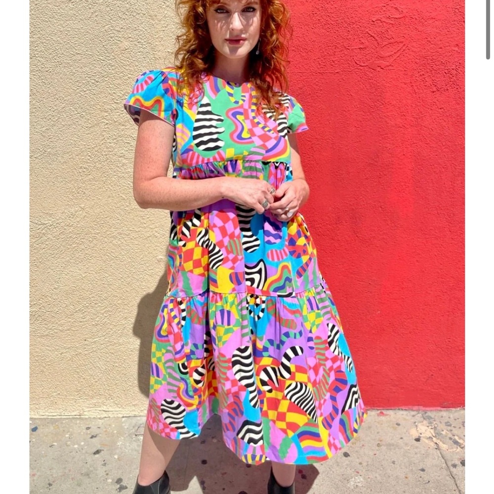 Nooworks Frida Dress Party Time Vibrant Geometric Pattern Midi Dress Size XS